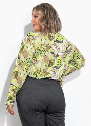 Marguerite - Blusa Mix Verde Franzido e Amarração Plus Size - MARGUERITE