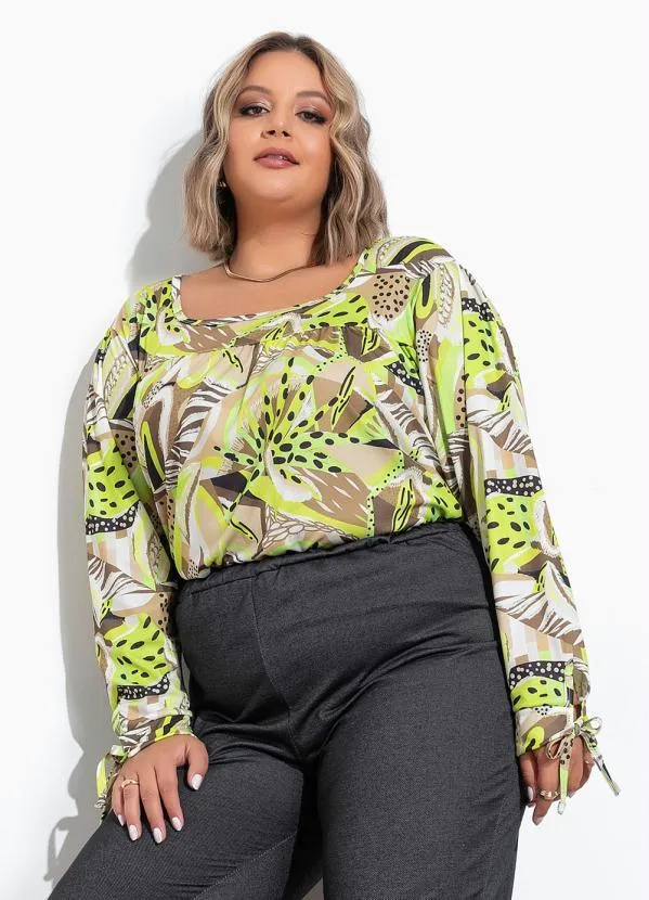 Marguerite - Blusa Mix Verde Franzido e Amarração Plus Size