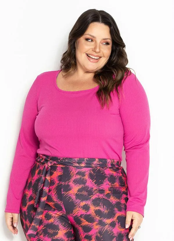 Marguerite - Blusa Pink em Ribana Canelada Plus Size