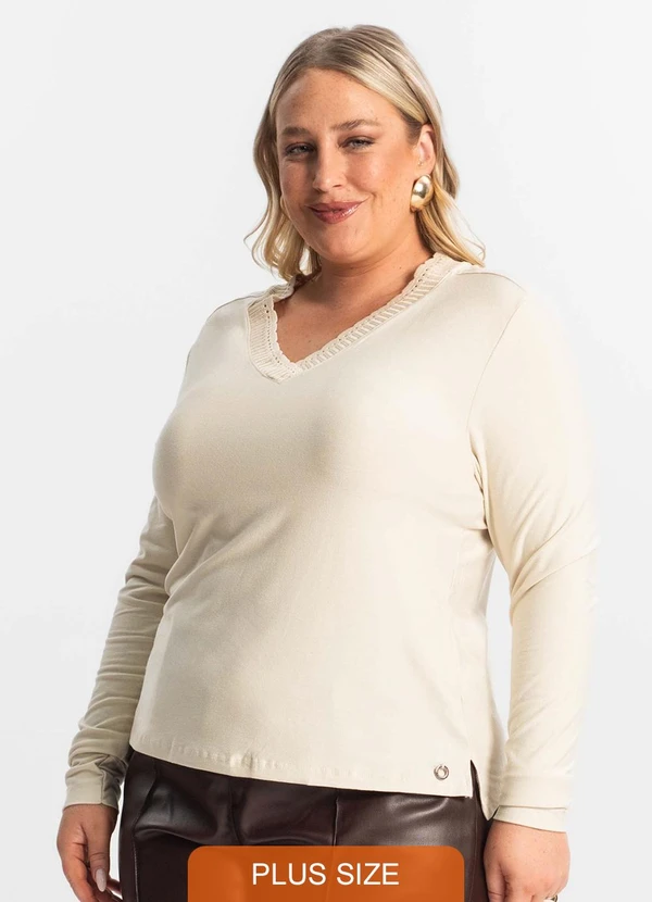 Secret Glam - Blusa Plus Size Manga Longa Feminina Bege