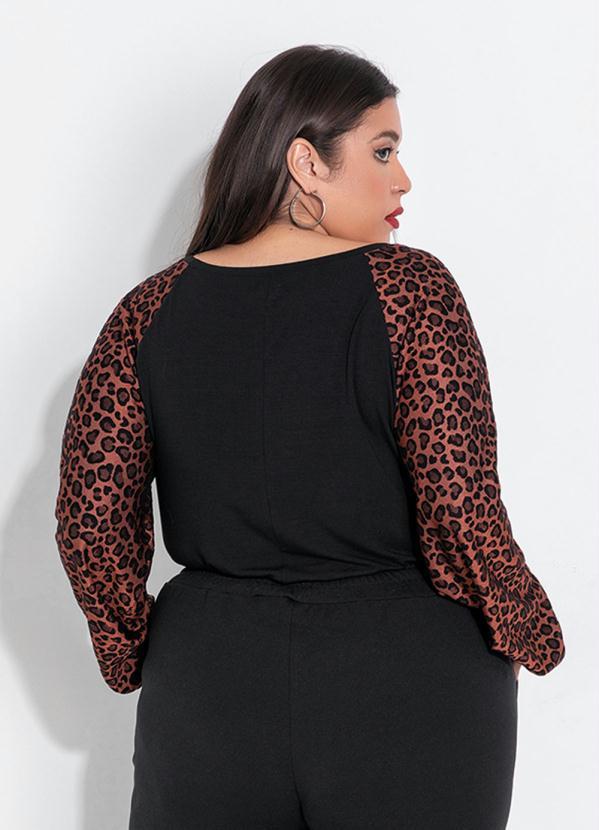 Outlet - Blusa Plus Size Preta/Onça com Mangas Balão 2
