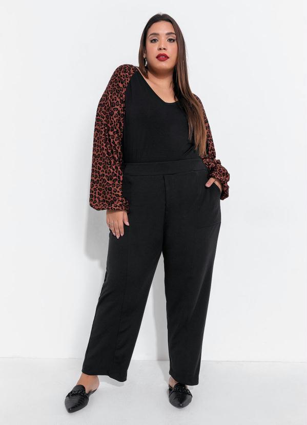 Outlet - Blusa Plus Size Preta/Onça com Mangas Balão 3