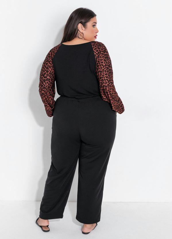 Outlet - Blusa Plus Size Preta/Onça com Mangas Balão 4