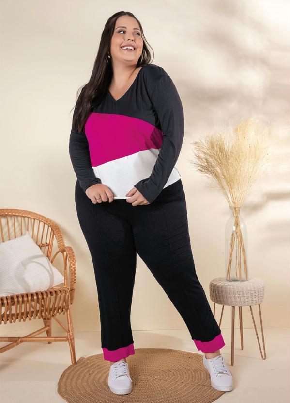 Outlet - Blusa Plus Size Preta/Rosa/Branca com Recortes 3