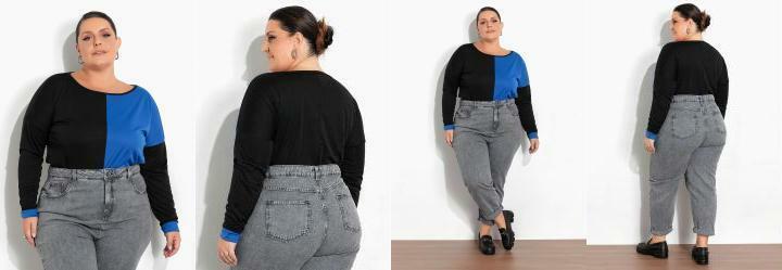 Blusa Preta e Royal com Recortes Plus Size