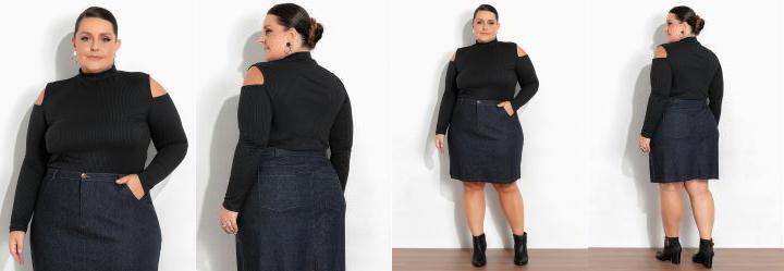 Blusa Preta Ribana com Ombros Vazados Plus Size