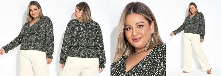 Blusa Tigre Preta Decote Transpassado Plus Size