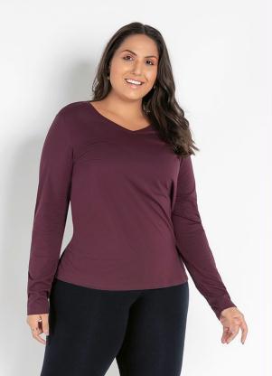 Blusa (Vinho) Decote V Manga Longa Plus Size