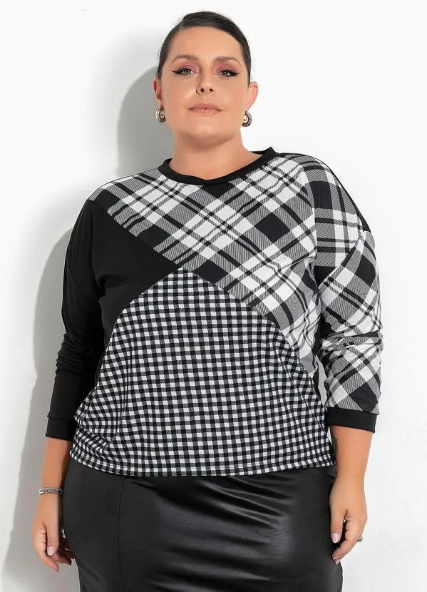 Marguerite - Blusa Xadrez e Preta com Recortes Plus Size