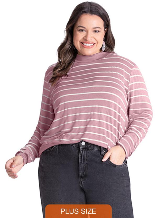 Rezzato - Blusão Listrado Gola Alta Plus Size Rosa