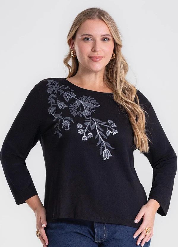Secret Glam - Busa de Manga Longa Bordado Plus Size Preto