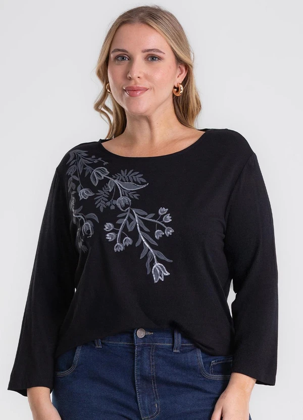 Secret Glam - Busa de Manga Longa Bordado Plus Size Preto