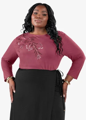 Secret Glam - Busa de Manga Longa Bordado Plus Size Vermelho - SECRET GLAM