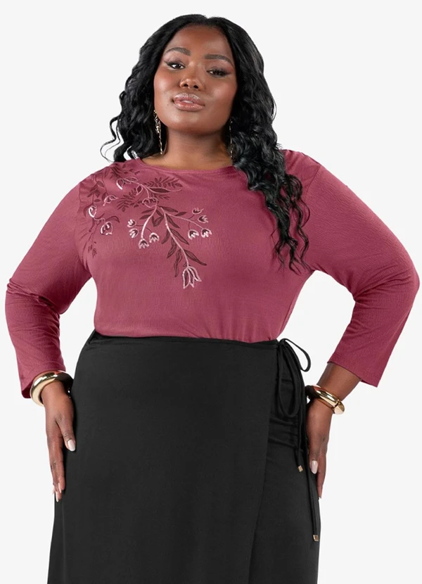 Secret Glam - Busa de Manga Longa Bordado Plus Size Vermelho