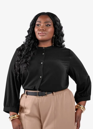 Secret Glam - Camisa Manga 3/4 Gola Padre Plus Size Preto - SECRET GLAM