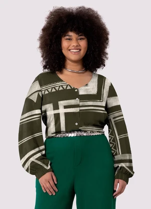 Lunender Mais Mulher - Camisa Manga Longa Bufante Plus Size Estampada Verde - LUNENDER MAIS MULHER