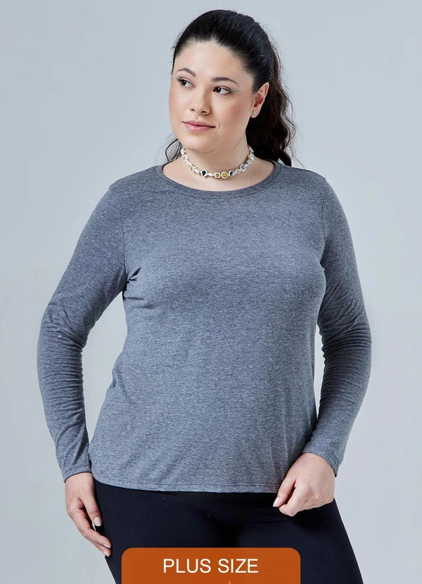 Basicamente - Camiseta Babylook Manga Longa Gola C Plus Cinza