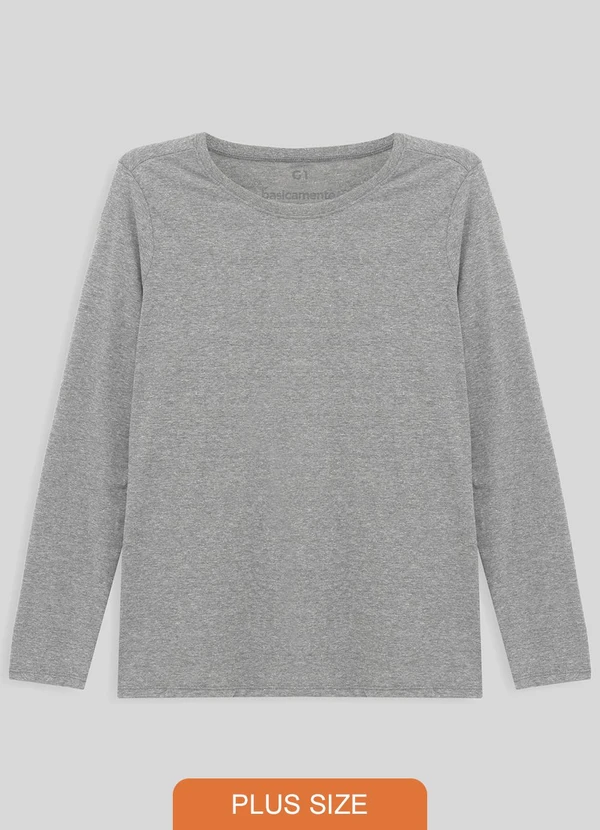 Basicamente - Camiseta Babylook Manga Longa Gola C Plus Cinza