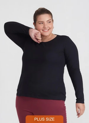 Basicamente - Camiseta Babylook Manga Longa Gola C Plus Preto - BASICAMENTE