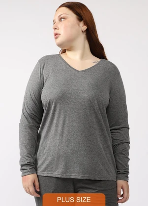 Basicamente - Camiseta Babylook Manga Longa Gola V Plus Cinza - BASICAMENTE