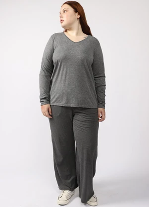 Basicamente - Camiseta Babylook Manga Longa Gola V Plus Cinza - BASICAMENTE