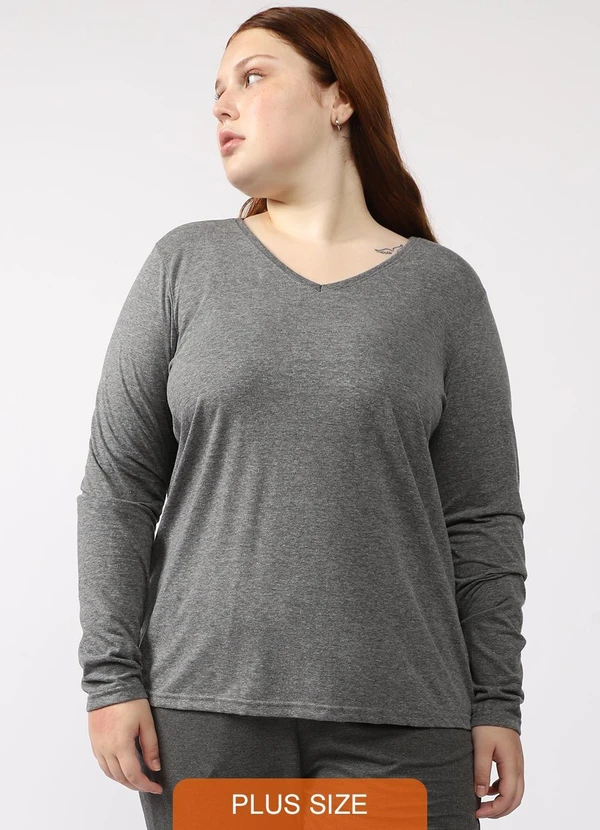 Basicamente - Camiseta Babylook Manga Longa Gola V Plus Cinza