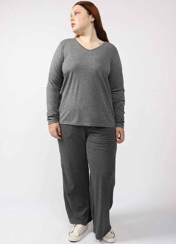 Basicamente - Camiseta Babylook Manga Longa Gola V Plus Cinza 2