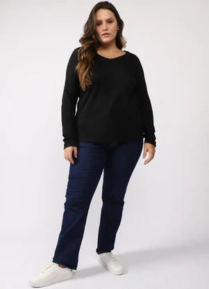 Basicamente - Camiseta Babylook Manga Longa Gola V Plus Preto - BASICAMENTE