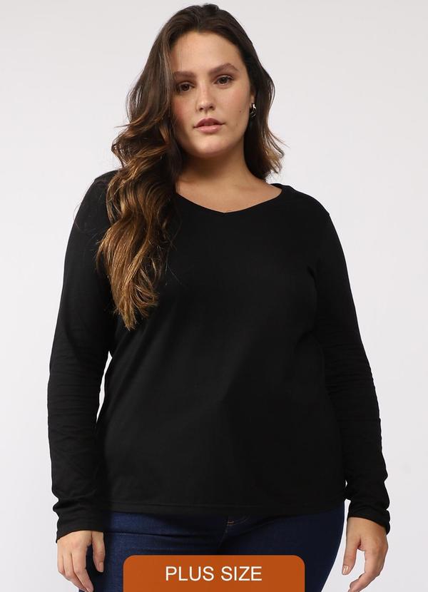 Basicamente - Camiseta Babylook Manga Longa Gola V Plus Preto