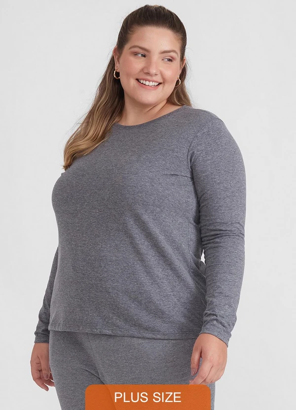 Basicamente - Camiseta Básica Manga Longa Plus Cinza