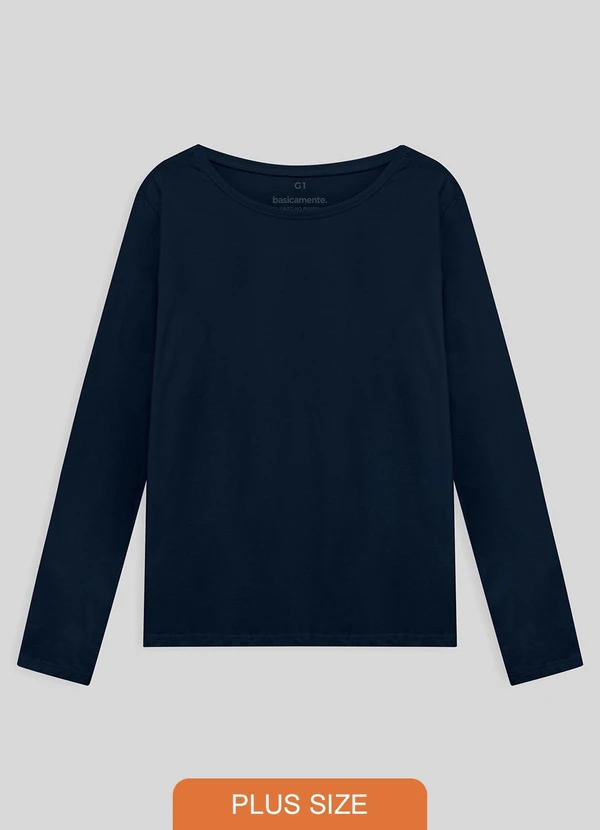 Basicamente - Camiseta Básica Manga Longa Plus Feminina Azul