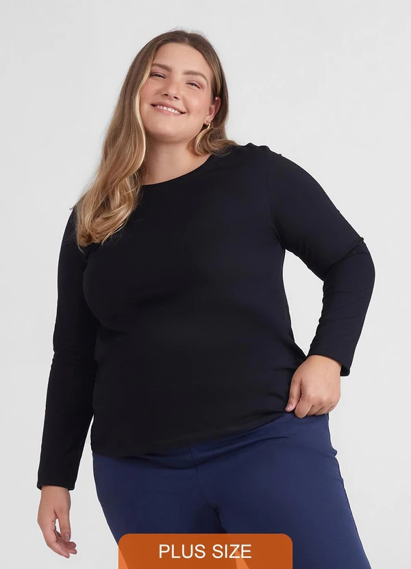 Basicamente - Camiseta Básica Manga Longa Plus Feminina Preto