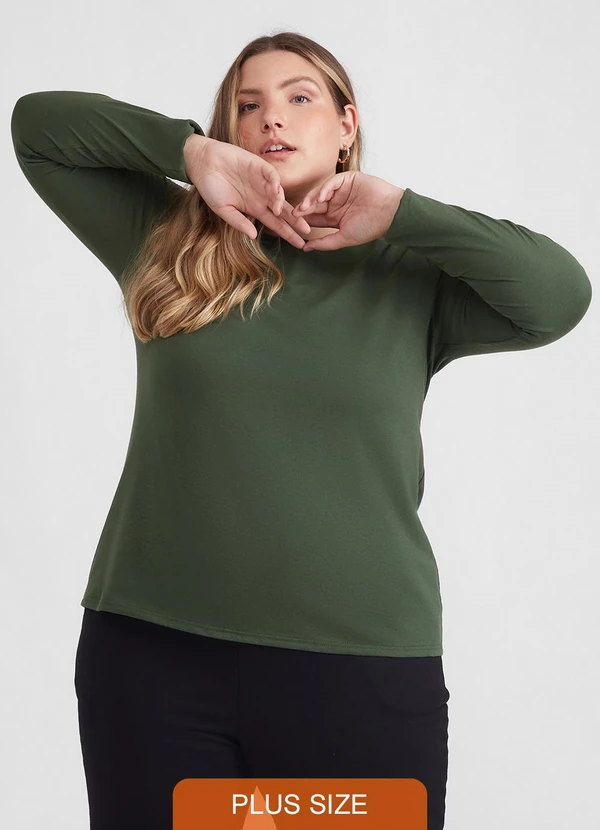 Basicamente - Camiseta Básica Manga Longa Plus Verde Selva