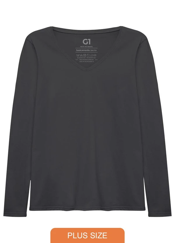Basicamente - Camiseta Slim Gola V Manga Longa Cinza Ardósia