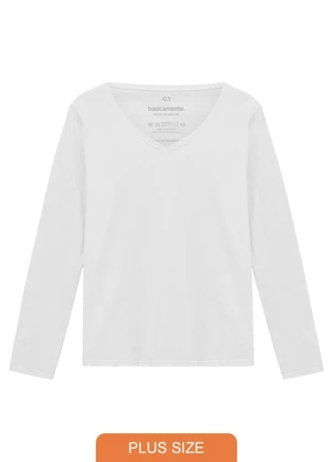 Basicamente - Camiseta Slim Gola V Manga Longa Plus Branco - BASICAMENTE