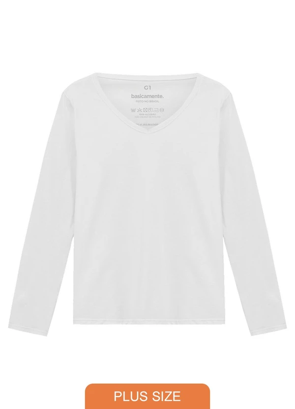 Basicamente - Camiseta Slim Gola V Manga Longa Plus Branco