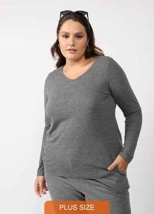 Basicamente - Camiseta Slim Gola V Manga Longa Plus Cinza - BASICAMENTE