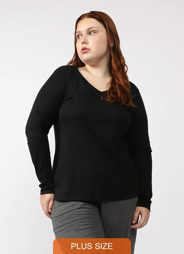 Basicamente - Camiseta Slim Gola V Manga Longa Plus Preto