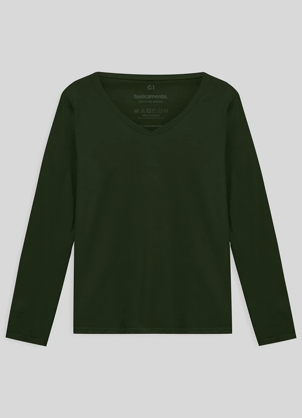 Basicamente - Camiseta Slim Gola V Manga Longa Plus Verde