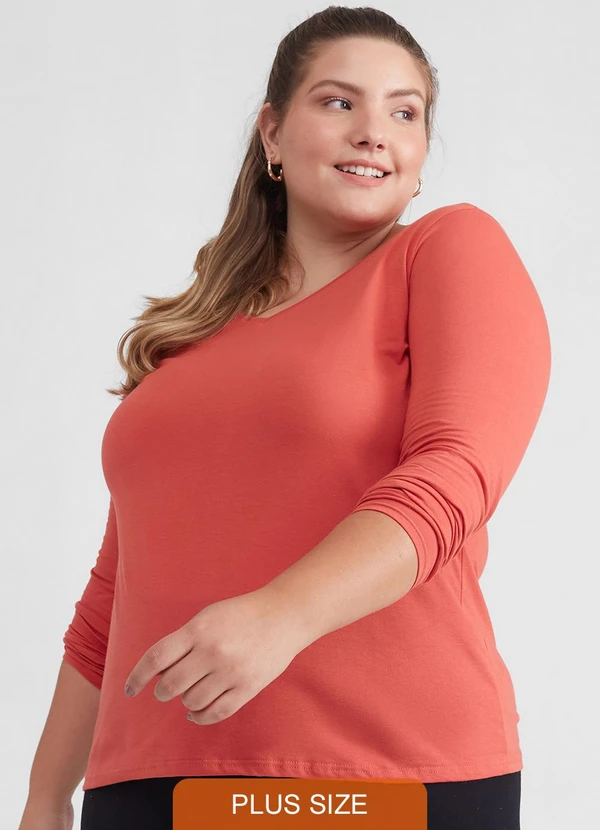 Basicamente - Camiseta Slim Gola V Plus Laranja Coral