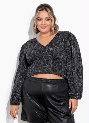 Marguerite - Cropped Floral Preto Mangas Bufantes Plus Size - MARGUERITE