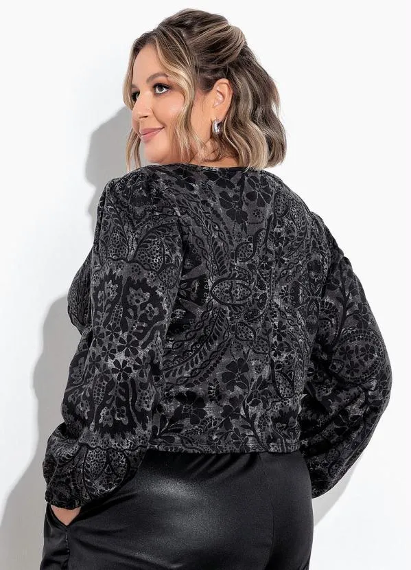 Marguerite - Cropped Floral Preto Mangas Bufantes Plus Size 4