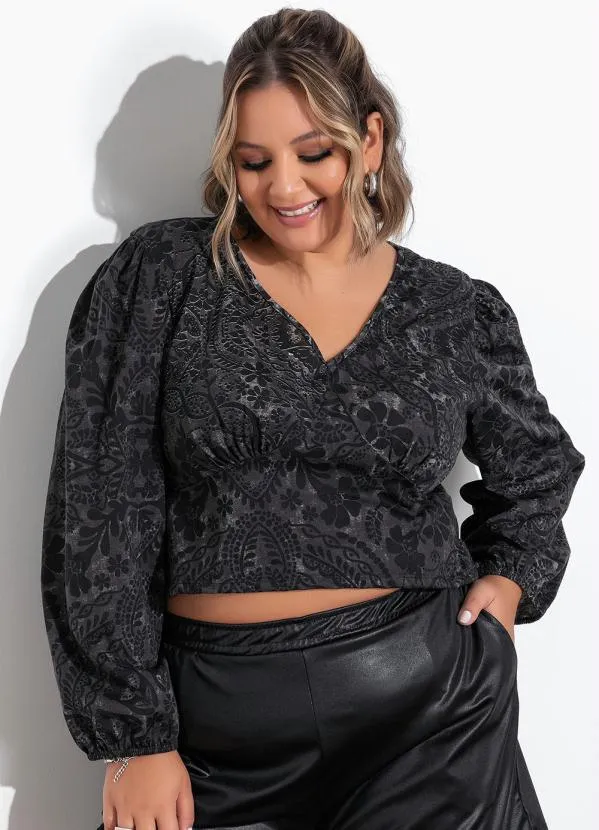 Marguerite - Cropped Floral Preto Mangas Bufantes Plus Size 1