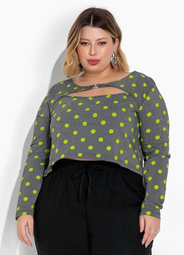 Marguerite - Cropped Poá e Listras Recorte Vazado Plus Size