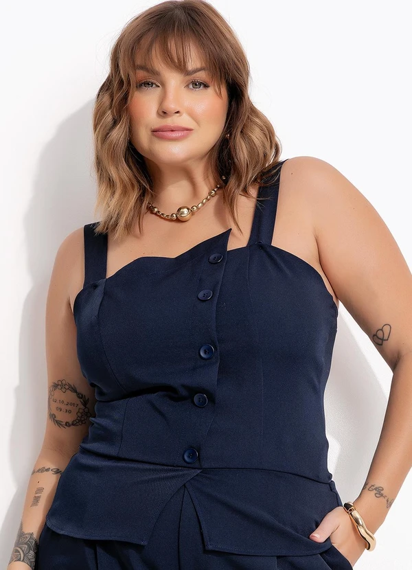 Marguerite - Blusa Azul Marinho em Crepe Plano