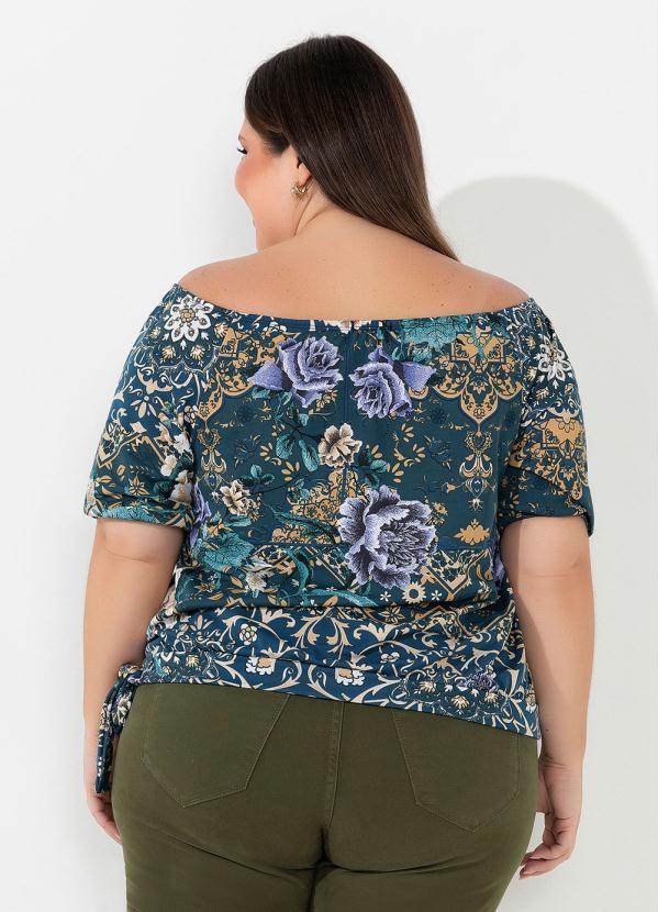 Outlet - Blusa Floral Azul Decote Ombro a Ombro Plus Size 2