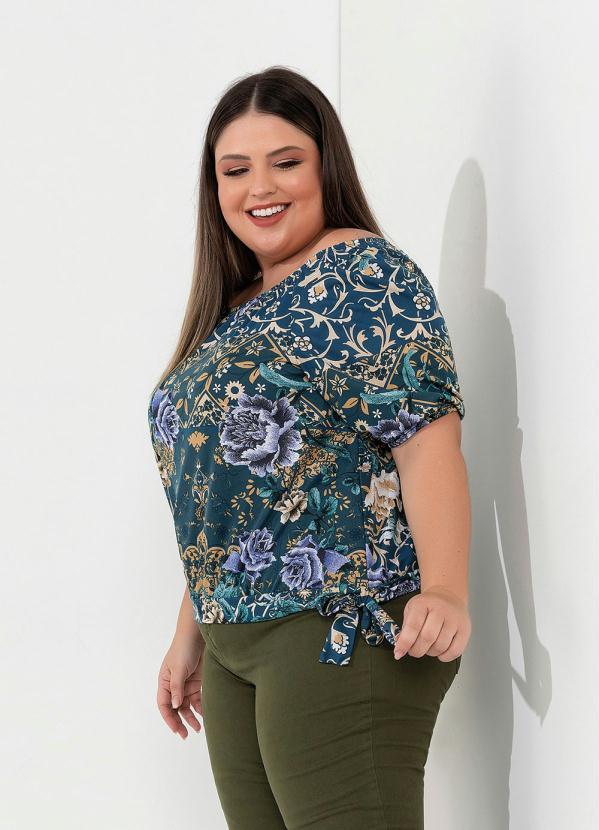 Outlet - Blusa Floral Azul Decote Ombro a Ombro Plus Size 3