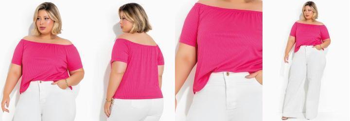 Blusa Pink Ombro a Ombro em Ribana Plus Size