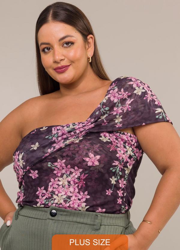 Cess - Blusa um Ombro Só Tule Estampado Ansellia Preto