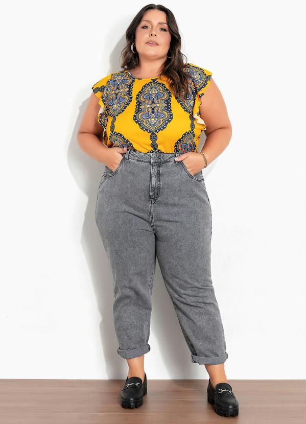 Marguerite - Blusa Arabescos Amarelo com Babado Plus Size 3